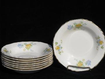 vintage Crown Potteries china soup bowls, forget-me-not flowers in blue & yellow
