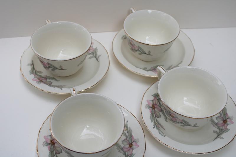 vintage Crown Potteries cups & saucers pink grey floral southern charm magnolias or dogwood