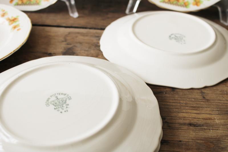 vintage Crown potteries orange clover pattern dishes, set of 6 small plates depression era