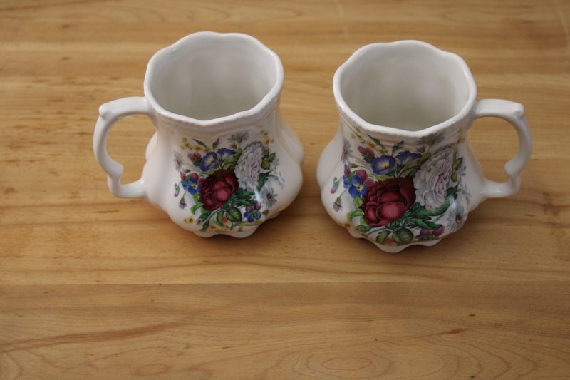 vintage Crownford England china tea mugs or coffee cups, English garden floral bouquet