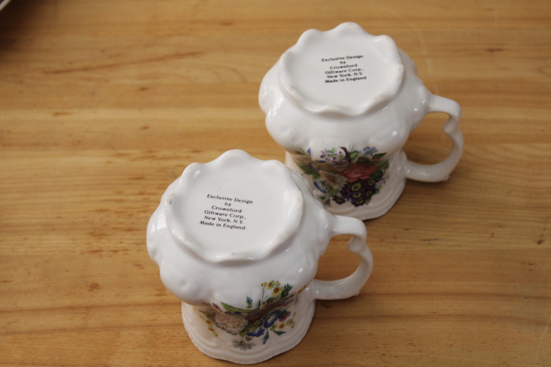 vintage Crownford England china tea mugs or coffee cups, English garden floral bouquet
