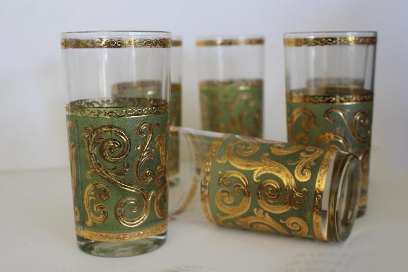 vintage Culver drinking glasses, Toledo gold scrolls on green, glass tumblers s