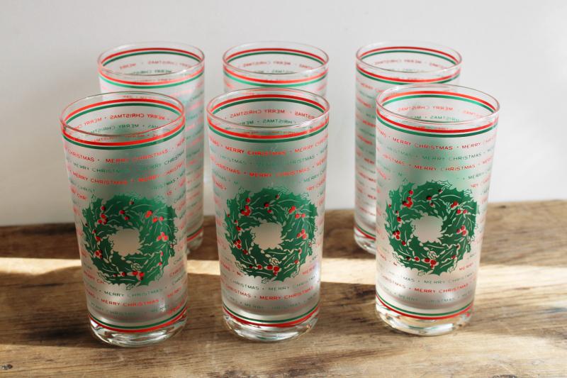 vintage Culver highball glasses, red & green Merry Christmas frosted glass tumblers