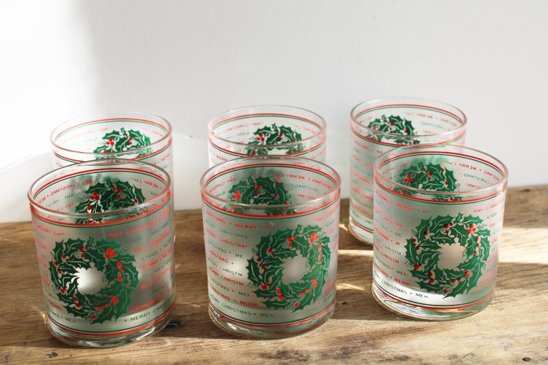 vintage Culver lowball glasses, red & green Merry Christmas frosted glass tumblers