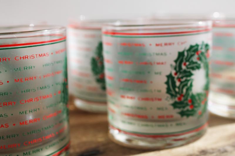 vintage Culver lowball glasses, red & green Merry Christmas frosted glass tumblers