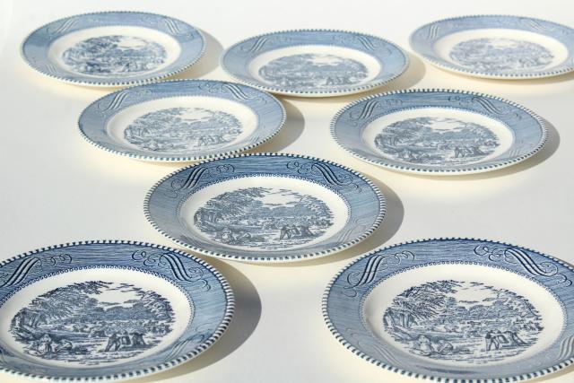 vintage Currier & Ives blue and white china bread & butter plates, harvest scene