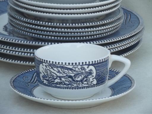 vintage Currier & Ives blue and white china dishes, dinnerware set for 4