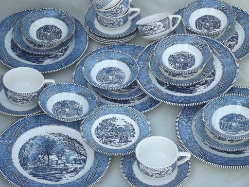 vintage Currier & Ives blue and white china dishes, dinnerware set for 6