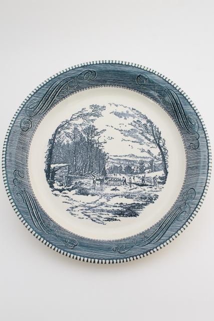 vintage Currier & Ives blue and white china pie pan, pie plate w/ ice cutting scene