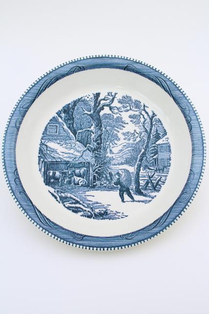 vintage Currier & Ives blue and white china pie pan, pie plate w/ snowy morn scene