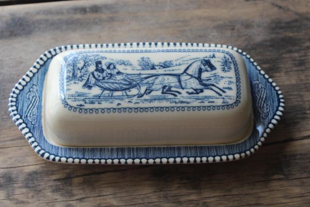 vintage Currier & Ives blue and white transferware butter dish sleigh ride