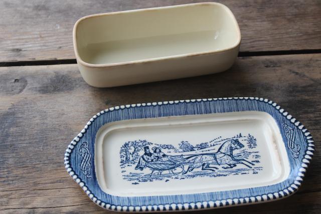 vintage Currier & Ives blue and white transferware butter dish sleigh ride