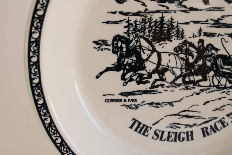 vintage Currier & Ives blue & white Royal china pie plate The Sleigh Race