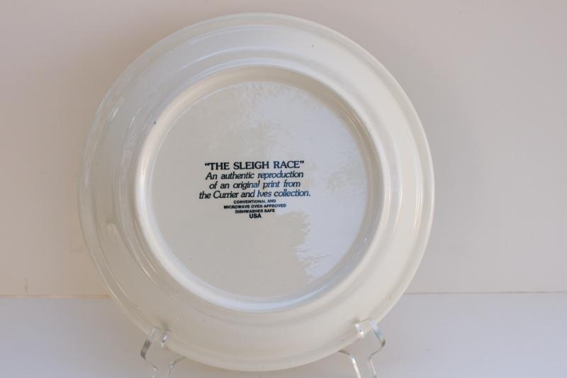 vintage Currier & Ives blue & white Royal china pie plate The Sleigh Race