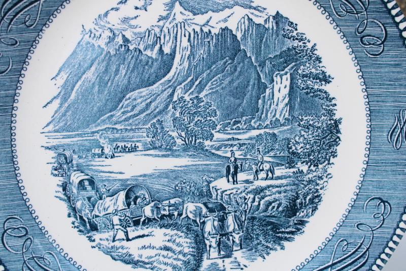 vintage Currier & Ives blue & white serving plate, crossing the Rocky Mountains