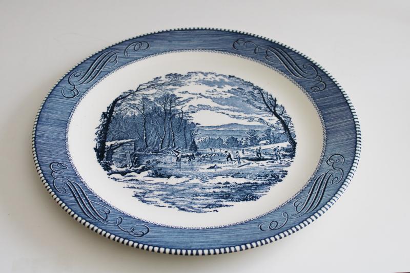 vintage Currier & Ives blue & white transferware china chop or cake plate, cutting ice