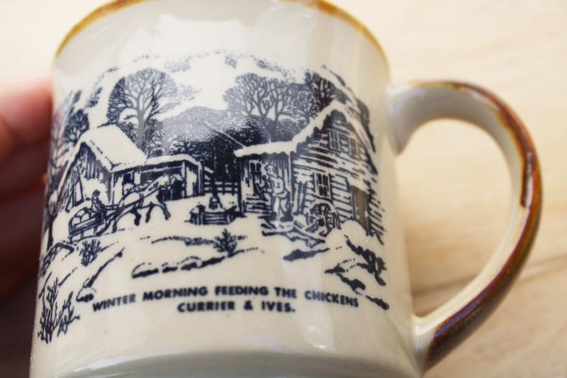vintage Currier & Ives brown band stoneware mugs, Moira pottery style engravings