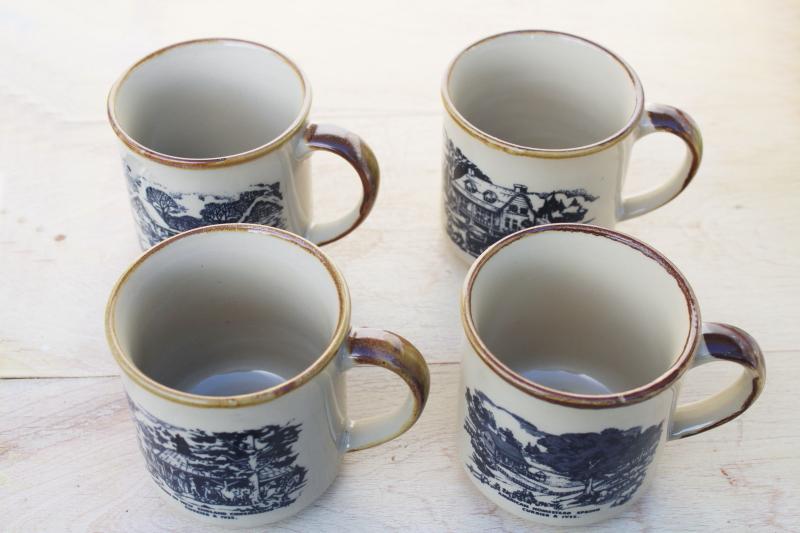 vintage Currier & Ives brown band stoneware mugs, Moira pottery style engravings