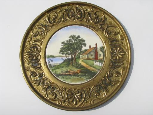 vintage Currier & Ives saltbox cottage print tile in brass charger frame