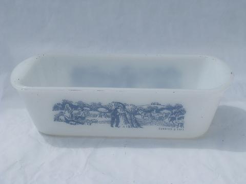 vintage Currier and Ives blue and white print bread loaf pan, Glasbake kitchen oven glass
