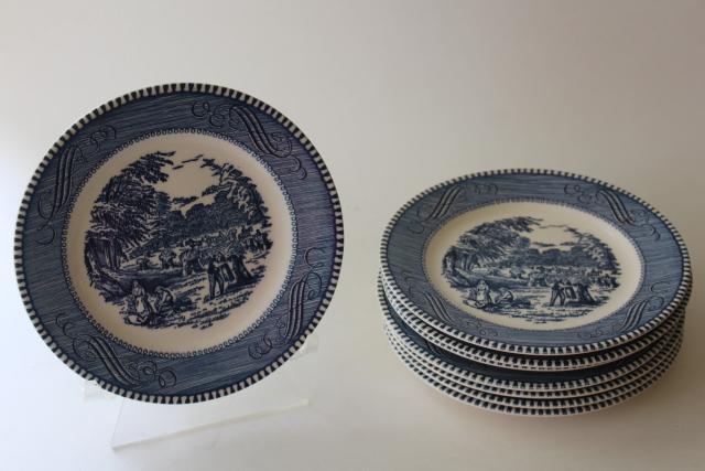 vintage Currier and Ives blue print bread & butter plates, harvest scene