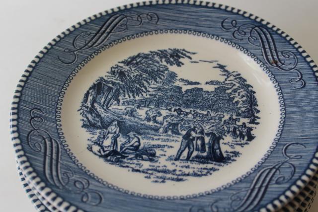 vintage Currier and Ives blue print bread & butter plates, harvest scene