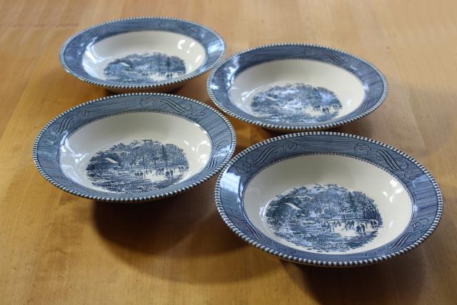 vintage Currier and Ives blue & white china plate rim soup bowls set of four