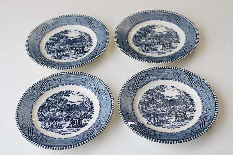 vintage Currier and Ives bread & butter plates, blue transferware china harvest scene
