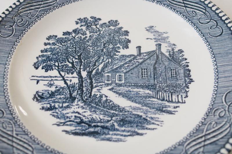 vintage Currier and Ives salad plates, blue & white china Washington’s birthplace