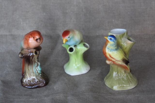 vintage Czech bird figurine figural flower holders, frog style vases collection