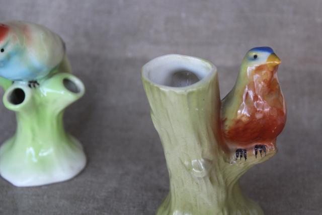 vintage Czech bird figurine figural flower holders, frog style vases collection