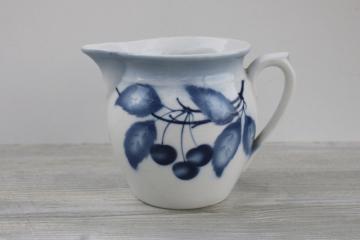 vintage Czech china milk jug pitcher, blue  white cherries French country style