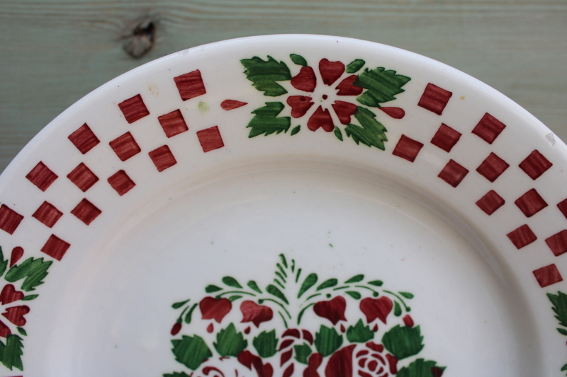 vintage Czech pottery plate, underglaze painted stencil basket of red roses