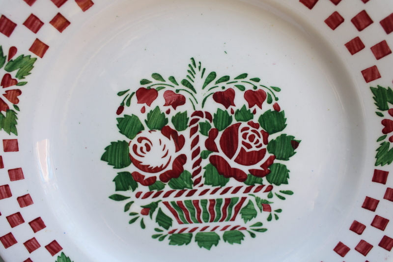 vintage Czech pottery plate, underglaze painted stencil basket of red roses