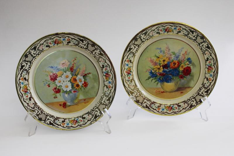 vintage Daher Ware flue covers or plates, granny chic florals shabby tin litho prints