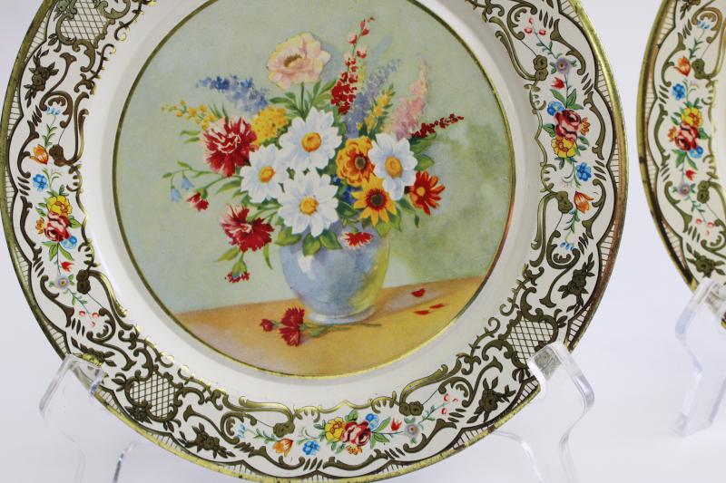 vintage Daher Ware flue covers or plates, granny chic florals shabby tin litho prints