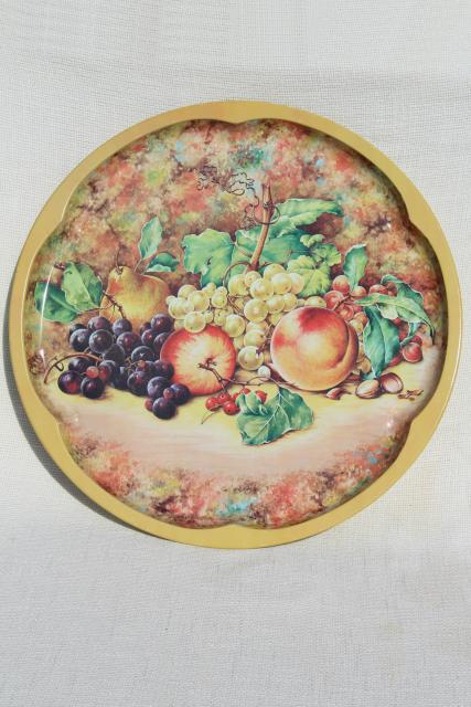 vintage Daher Ware round metal table top serving tray, fruit still life old masters style