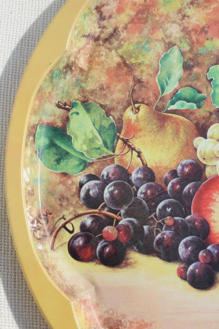 vintage Daher Ware round metal table top serving tray, fruit still life old masters style
