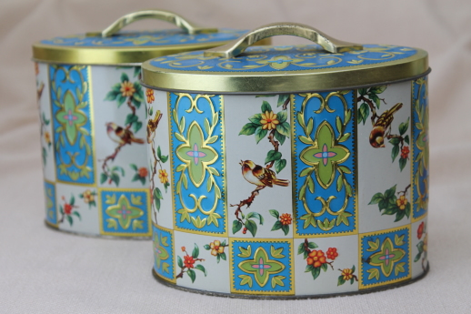 vintage Daher Ware tin & English biscuit tins, metal canisters w/ birds & flowers