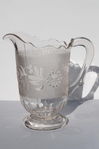 vintage Dahlia pattern pressed glass lemonade pitcher, Canton / Co-Op Flint glass?