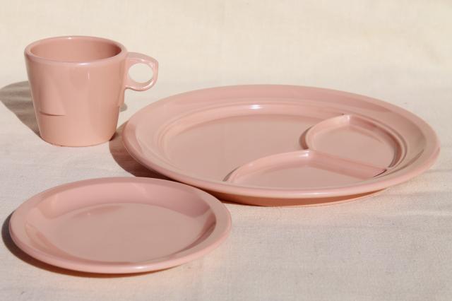 vintage Dallas Ware pink melmac cafeteria dishes set for 6 - divided plates, mugs