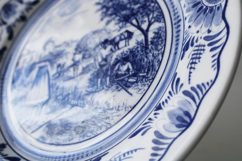 vintage Delft blue & white pottery plate, summer harvest hay making scene