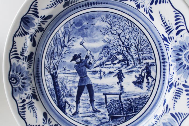 vintage Delft blue & white pottery plate, winter scene wood cutting ice skating