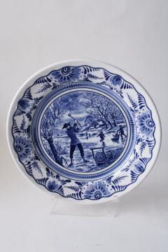 vintage Delft blue & white pottery plate, winter scene wood cutting ice skating