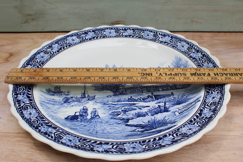 vintage Delft pottery wall plate hand painted scene blue white, crown w ...