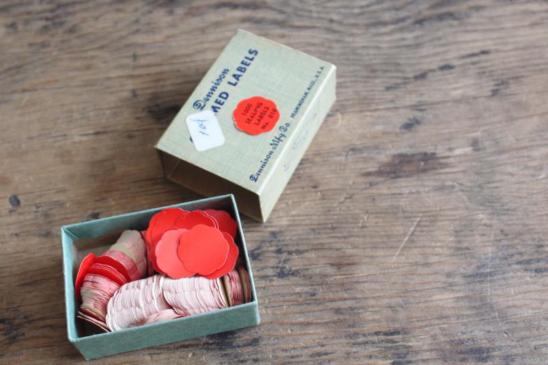 vintage Dennison gummed labels, scalloped round red paper seals in original box