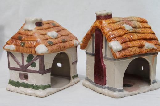 vintage Dickens Village candle holders set, Christmas village ceramic houses & shops
