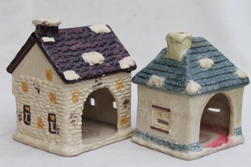 vintage Dickens Village candle holders set, Christmas village ceramic houses & shops