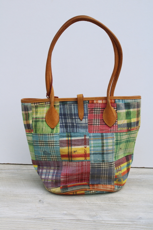 vintage Dooney Bourke madras ants print cotton leather trim bucket bag, summer purse fun patchwork