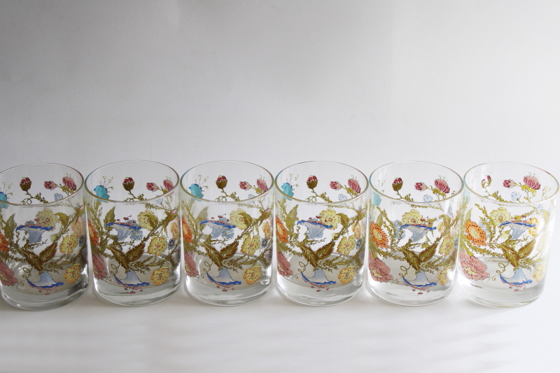 vintage Dorothy Thorpe double old fashioned glasses, wildflowers floral print lowball tumblers